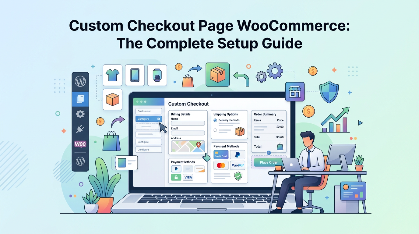 A laptop screen displaying a custom checkout page WooCommerce interface with simplified fields and a green conversion arrow.