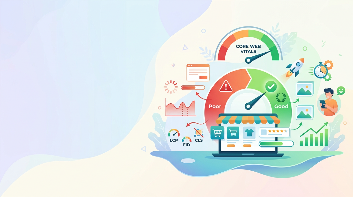 Dashboard showing wordpress core web vitals metrics transitioning from red warnings to green pass scores on a WooCommerce store