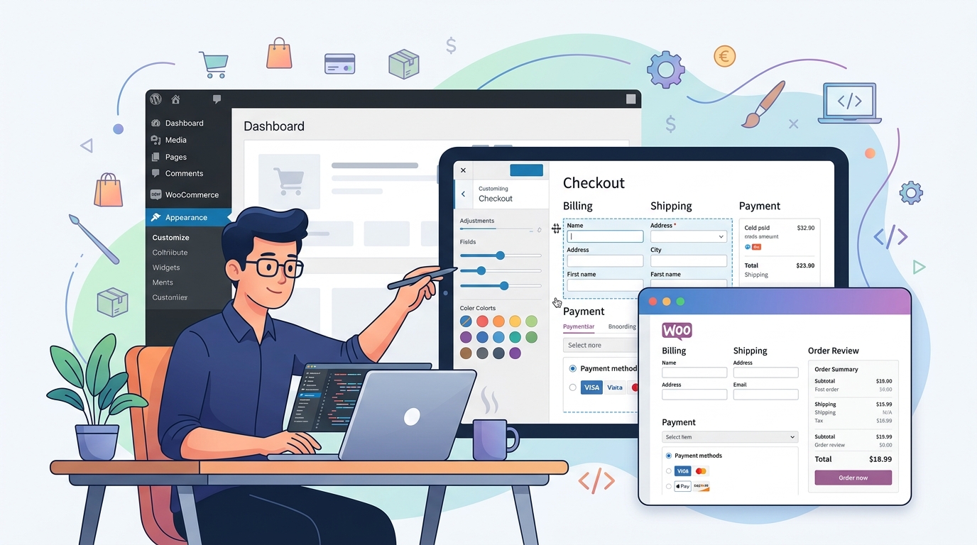 WooCommerce store owner adjusting checkout fields on a laptop screen displaying the how to edit woocommerce checkout page interface.