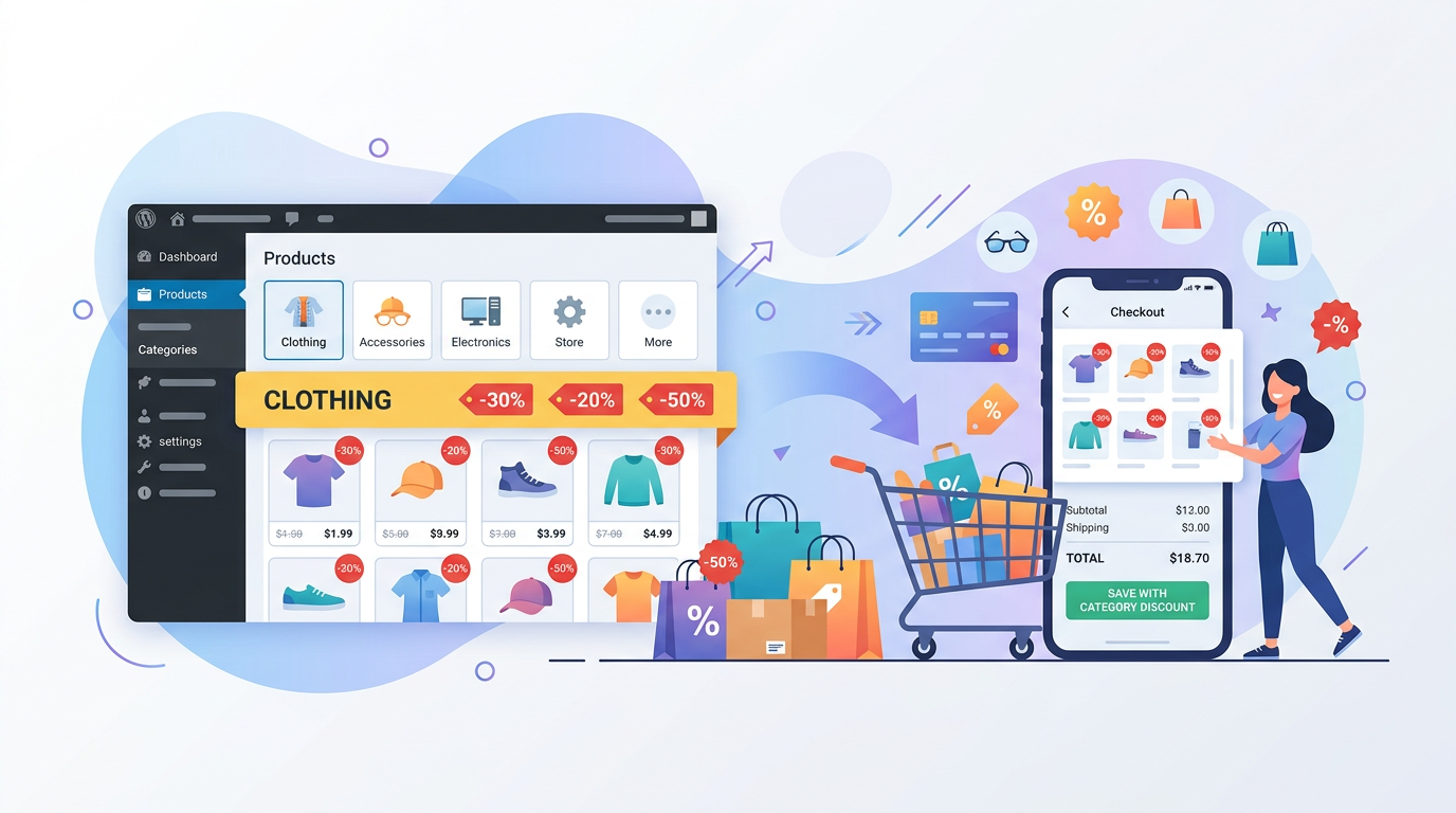 Shop owner checking a WooCommerce category discount rule on a laptop screen while reviewing cart totals and margin reports