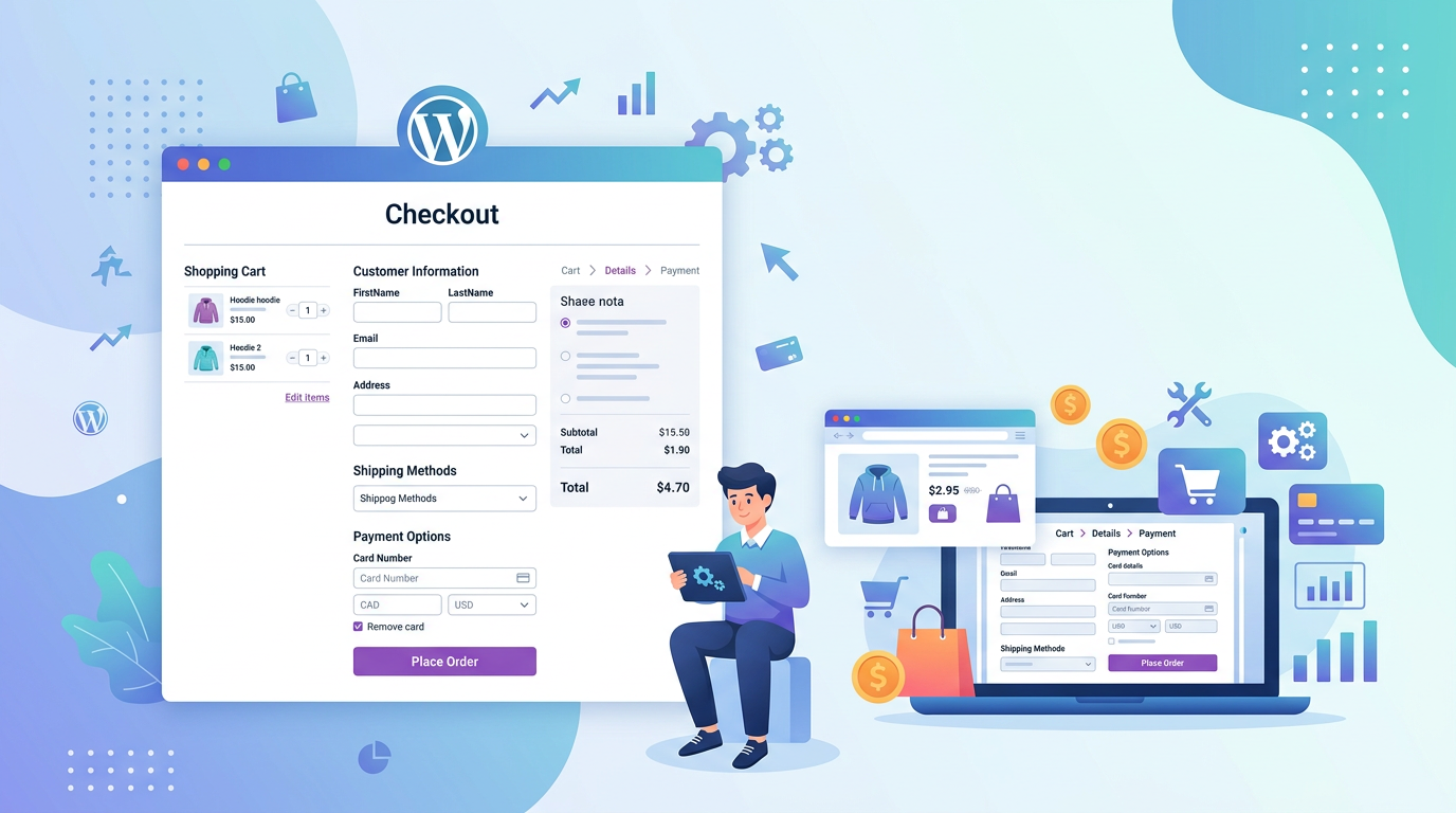 A laptop on a wooden desk showing the WooCommerce checkout block in the WordPress block editor with custom fields highlighted.