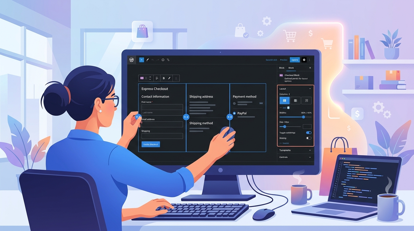 A developer adjusting column widths in the checkout block editor on a desktop monitor with the block inspector panel open