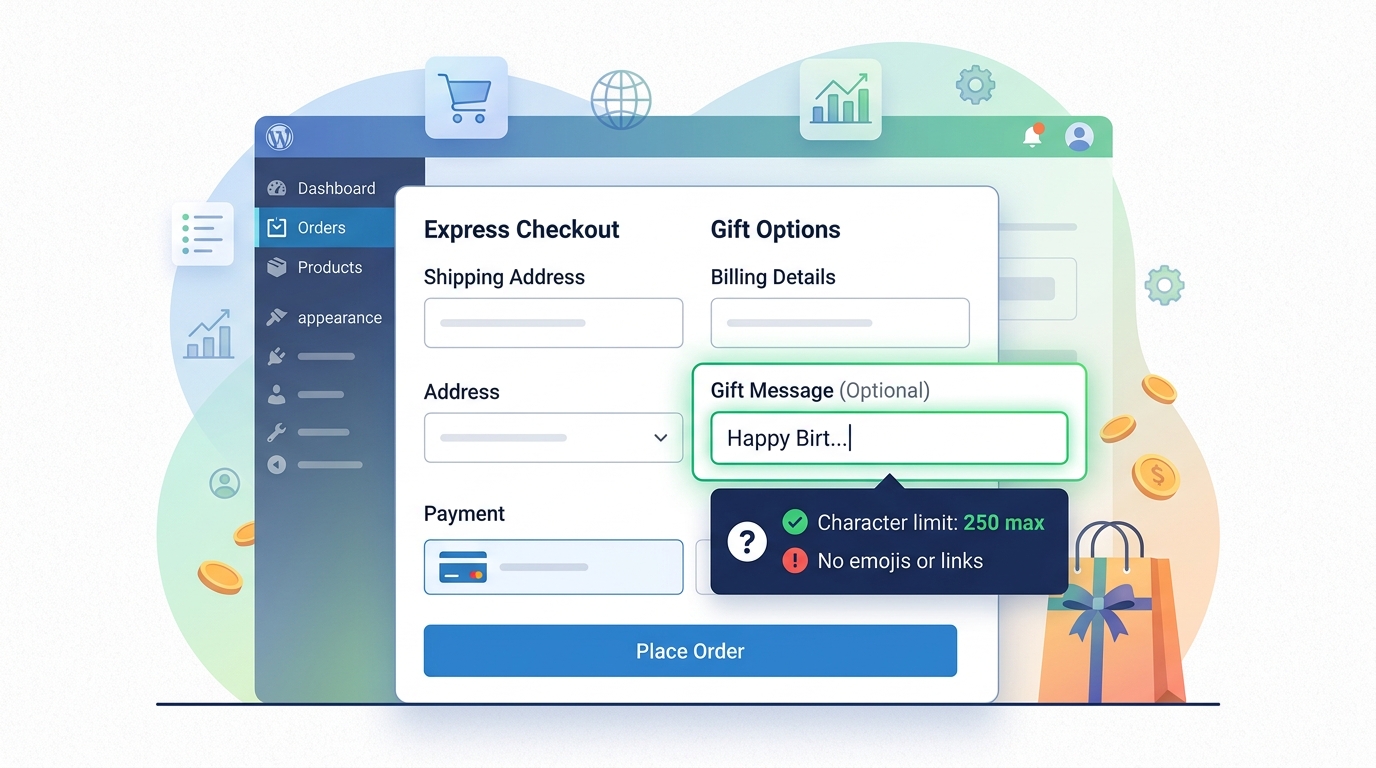 A close-up of a checkout form with a highlighted custom gift message input field and a tooltip explaining the validation rule