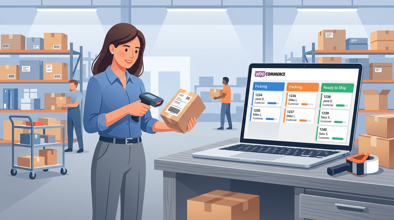 A warehouse manager scanning a barcode while a laptop screen displays a custom order status dashboard with labels like Picki…