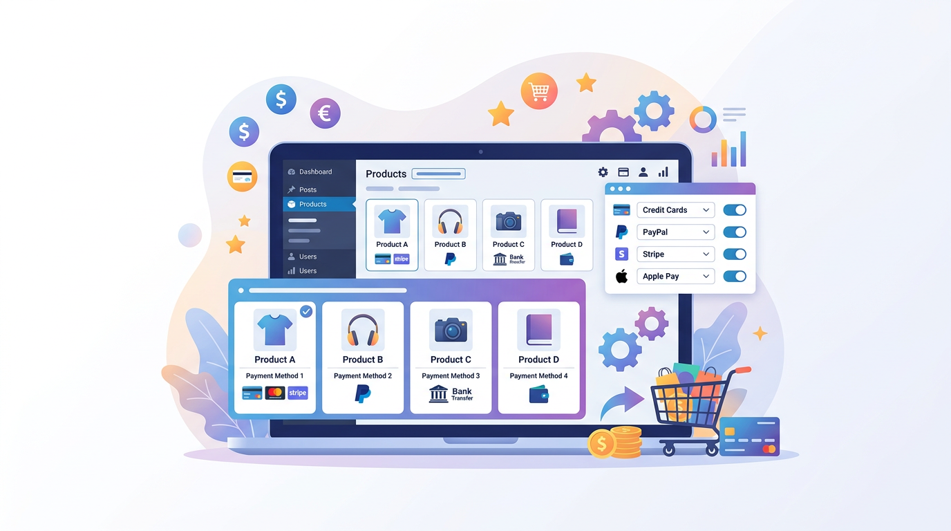 WooCommerce payment gateway per product configuration screen showing Stripe enabled for digital downloads and COD restricted to local shipping zones